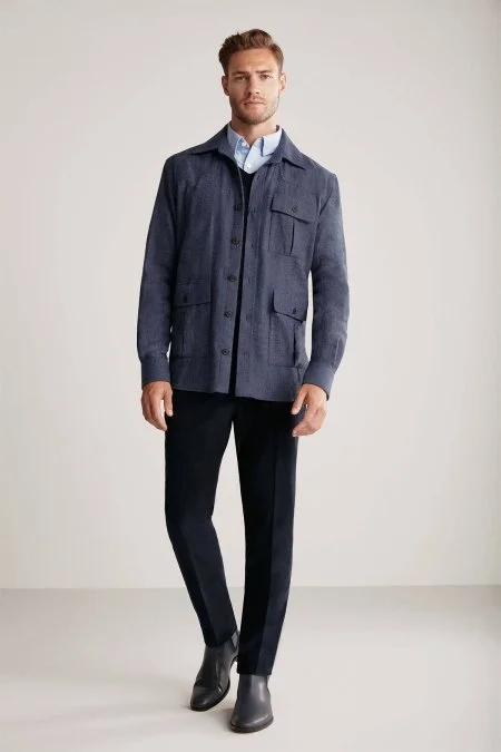 Lacivert Cep Detaylı Saf Pamuk Ceket Gömlek