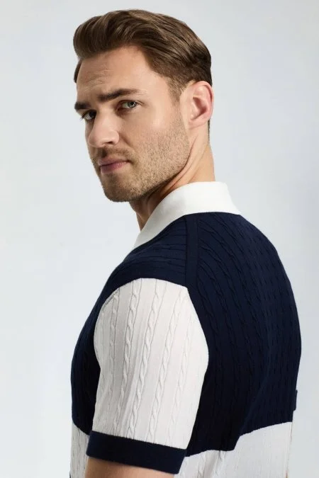 Lacivert Düğmeli Yaka Saç Örgü Merserize Pamuk Triko Polo