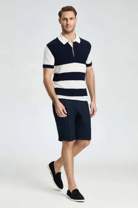 Lacivert Düğmeli Yaka Saç Örgü Merserize Pamuk Triko Polo