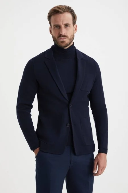 Lacivert Extrafine Merino Triko Blazer Ceket