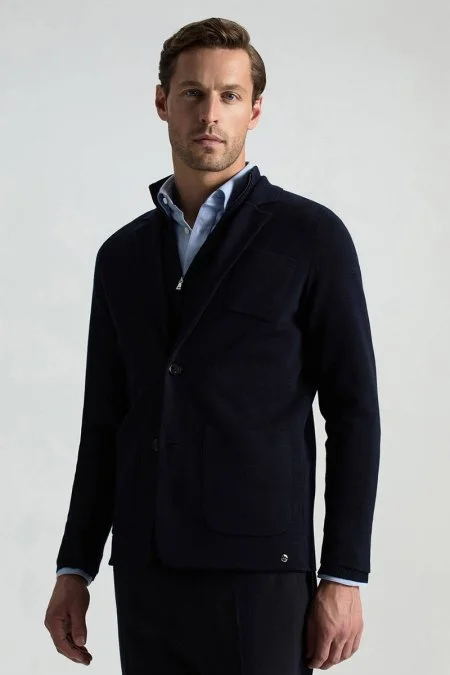 Extrafine Merino Lacivert Triko Blazer Ceket