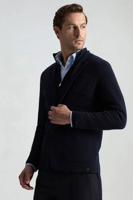 Extrafine Merino Lacivert Triko Blazer Ceket