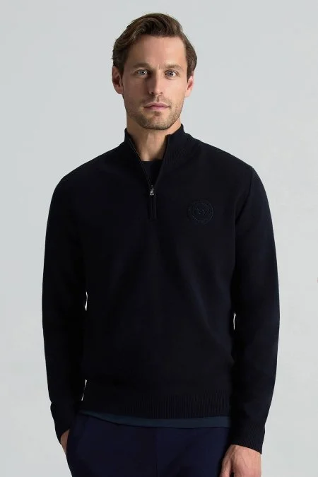 Lacivert Fermuarlı Merino Yün Activewear Triko