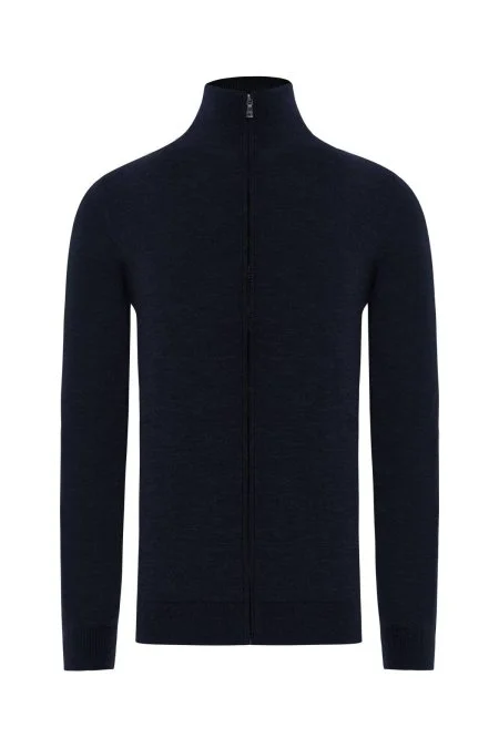 Extrafine Merino Fermuarlı Lacivert Triko Hırka