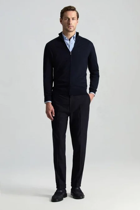 Extrafine Merino Fermuarlı Lacivert Triko Hırka