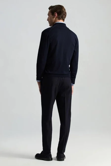 Extrafine Merino Fermuarlı Lacivert Triko Hırka