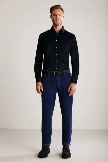Lacivert İnce Fitilli Kadife Gömlek