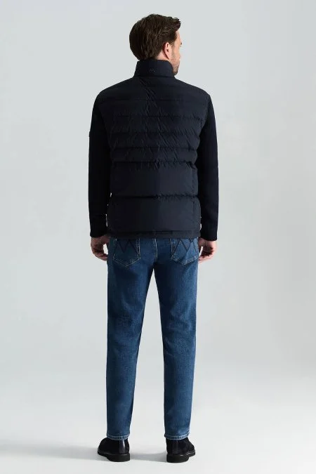 Kaz Tüyü Dolgulu Örgü Kol Lacivert Mont