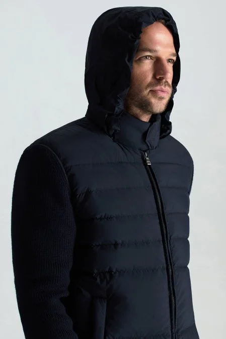 Kaz Tüyü Dolgulu Örgü Kol Lacivert Mont