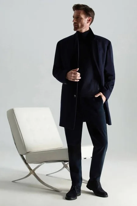 Boğazlı Slim Fit Lacivert Merino Yün Triko