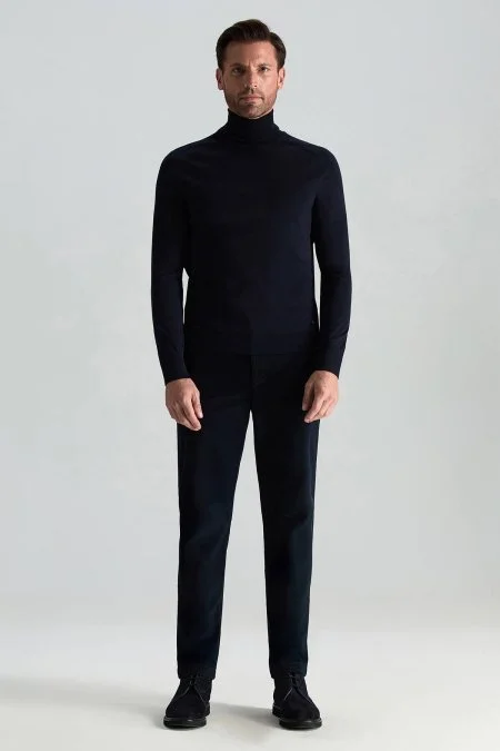 Boğazlı Slim Fit Lacivert Merino Yün Triko