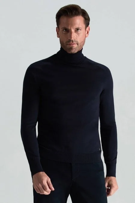 Boğazlı Slim Fit Lacivert Merino Yün Triko