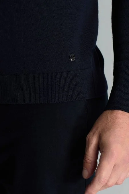 Boğazlı Slim Fit Lacivert Merino Yün Triko