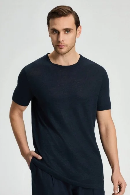 Saf Keten Lacivert Bisiklet Yaka T-Shirt Saf Keten Lacivert Bisiklet Yaka T-Shirt