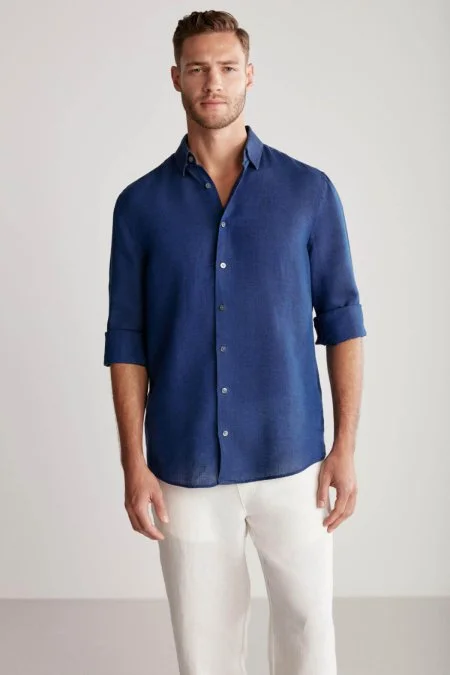 Lacivert Saf Keten Spor Gömlek