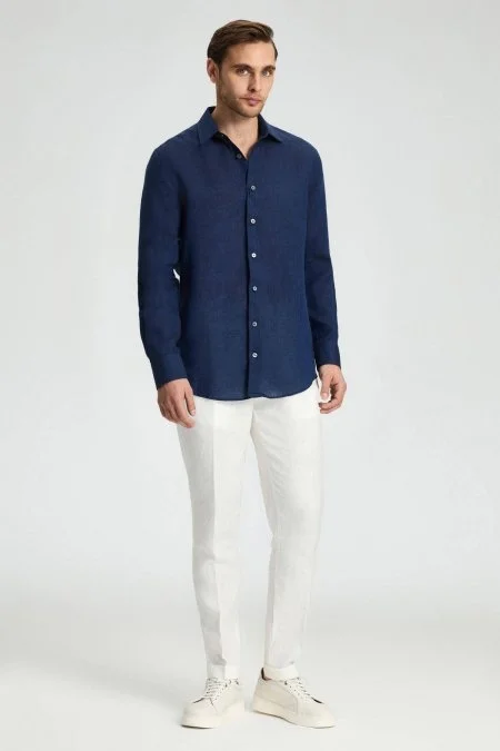 Lacivert Saf Keten Spor Gömlek