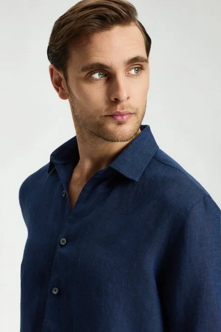 Lacivert Saf Keten Spor Gömlek