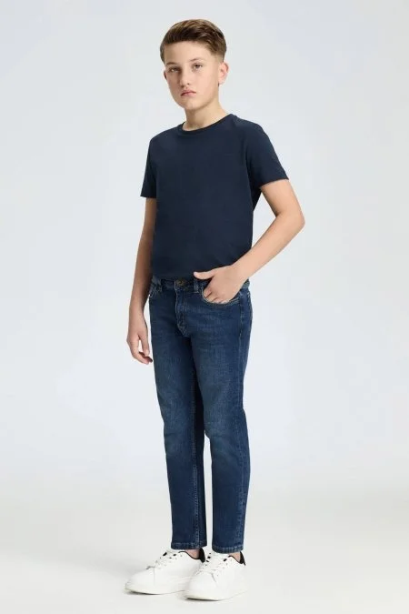 Lacivert Taşlanmış Denim Çocuk Pantolon