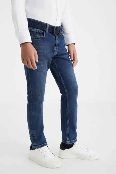 Lacivert Taşlanmış Denim Çocuk Pantolon