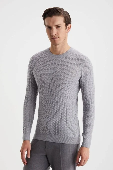 Saç Örgü Desen Lambswool Açık Gri Kazak