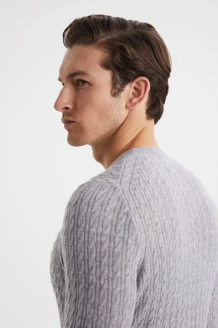 Saç Örgü Desen Lambswool Açık Gri Kazak