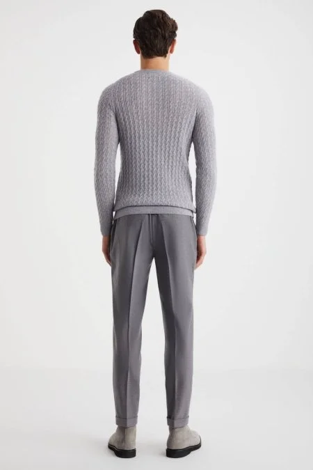 Saç Örgü Desen Lambswool Açık Gri Kazak