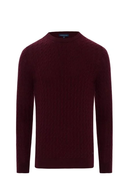 Saç Örgü Desen Lambswool Bordo Kazak