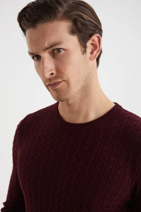 Saç Örgü Desen Lambswool Bordo Kazak