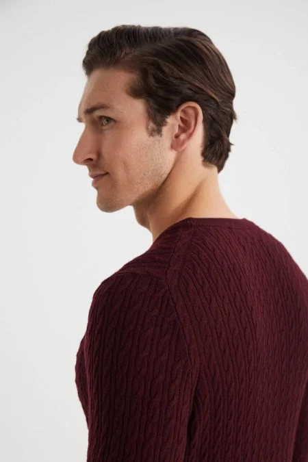 Saç Örgü Desen Lambswool Bordo Kazak