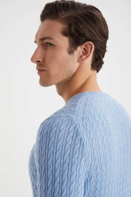 Saç Örgü Desen Lambswool Buz Mavisi Kazak