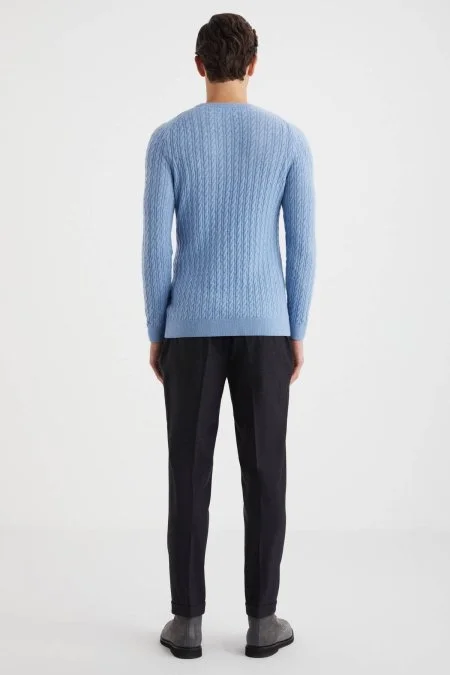 Saç Örgü Desen Lambswool Buz Mavisi Kazak