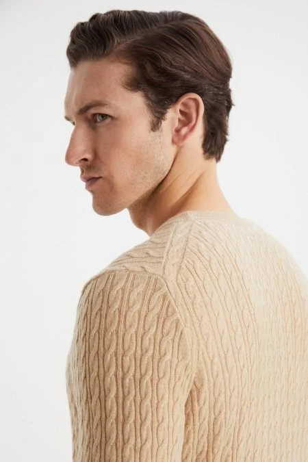 Saç Örgü Desen Lambswool Camel Kazak