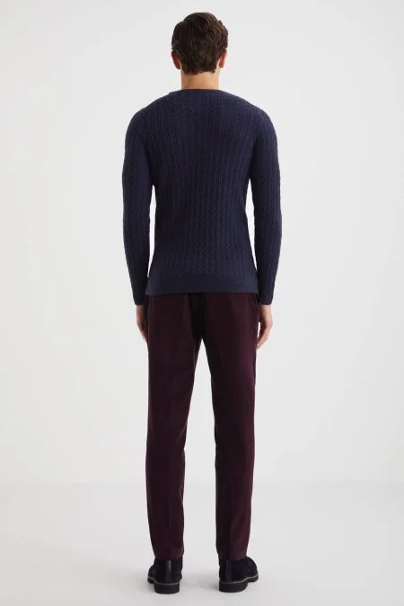 Saç Örgü Desen Lambswool Lacivert Kazak