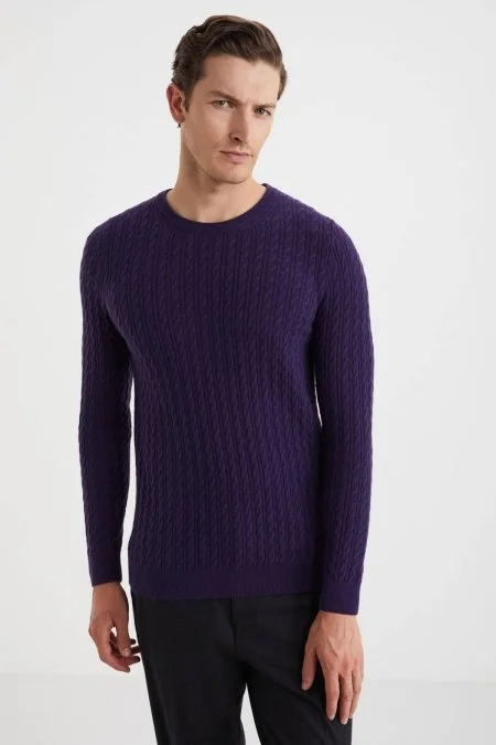 Saç Örgü Desen Lambswool Mor Kazak
