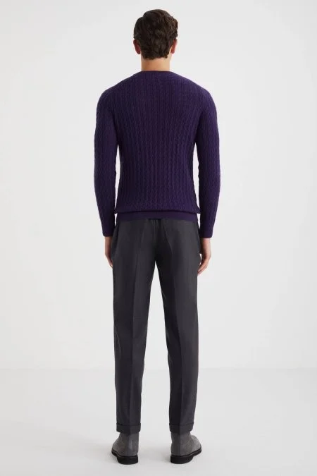 Saç Örgü Desen Lambswool Mor Kazak