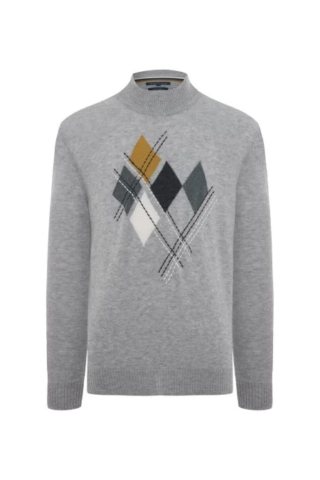 Lambswool Yün Argyle Desenli Lupetto Yaka Açık Gri Kazak