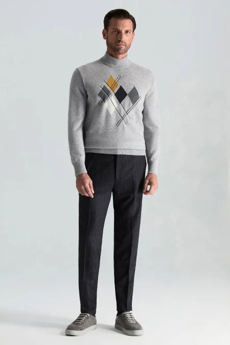 Lambswool Yün Argyle Desenli Lupetto Yaka Açık Gri Kazak