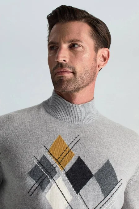 Lambswool Yün Argyle Desenli Lupetto Yaka Açık Gri Kazak