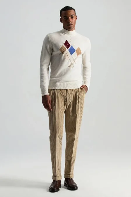 Lambswool Yün Argyle Desenli Lupetto Yaka Ekru Kazak