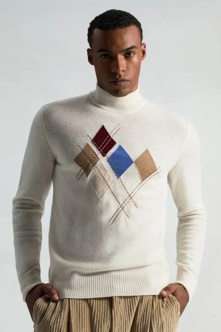 Lambswool Yün Argyle Desenli Yarım Balıkçı Yaka Ekru Kazak