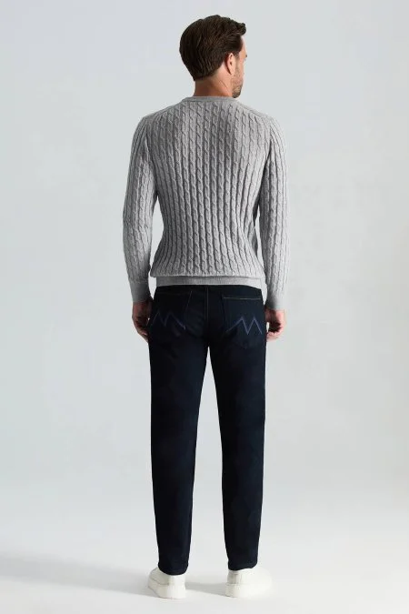 Lambswool Yün Saç Örgülü Bisiklet Yaka Açık Gri Kazak