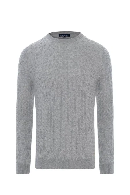 Lambswool Yün Saç Örgülü Bisiklet Yaka Açık Gri Kazak