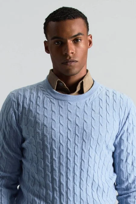 Lambswool Yün Saç Örgülü Bisiklet Yaka Buz Mavisi Kazak