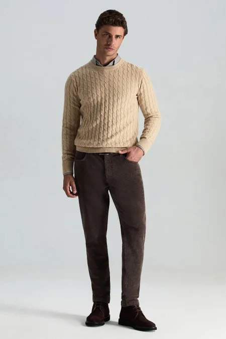 Lambswool Yün Saç Örgülü Bisiklet Yaka Camel Kazak