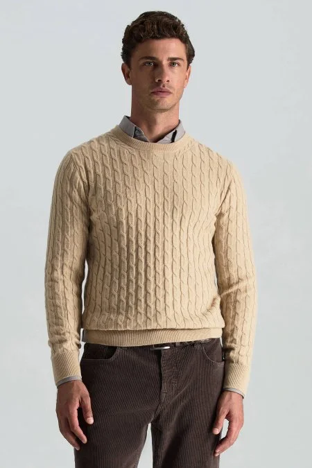 Lambswool Yün Saç Örgü Desenli Bisiklet Yaka Camel Kazak