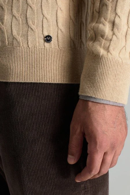 Lambswool Yün Saç Örgülü Bisiklet Yaka Camel Kazak