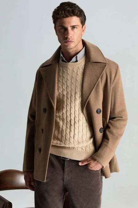 Lambswool Yün Saç Örgülü Bisiklet Yaka Camel Kazak