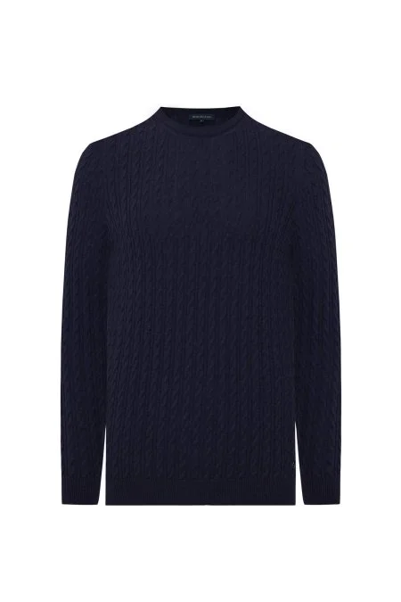 Lambswool Yün Saç Örgülü Bisiklet Yaka Lacivert Kazak