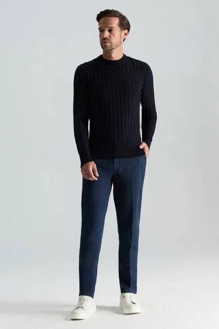 Lambswool Yün Saç Örgülü Bisiklet Yaka Lacivert Kazak