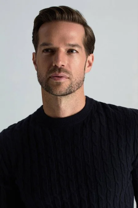 Lambswool Yün Saç Örgülü Bisiklet Yaka Lacivert Kazak